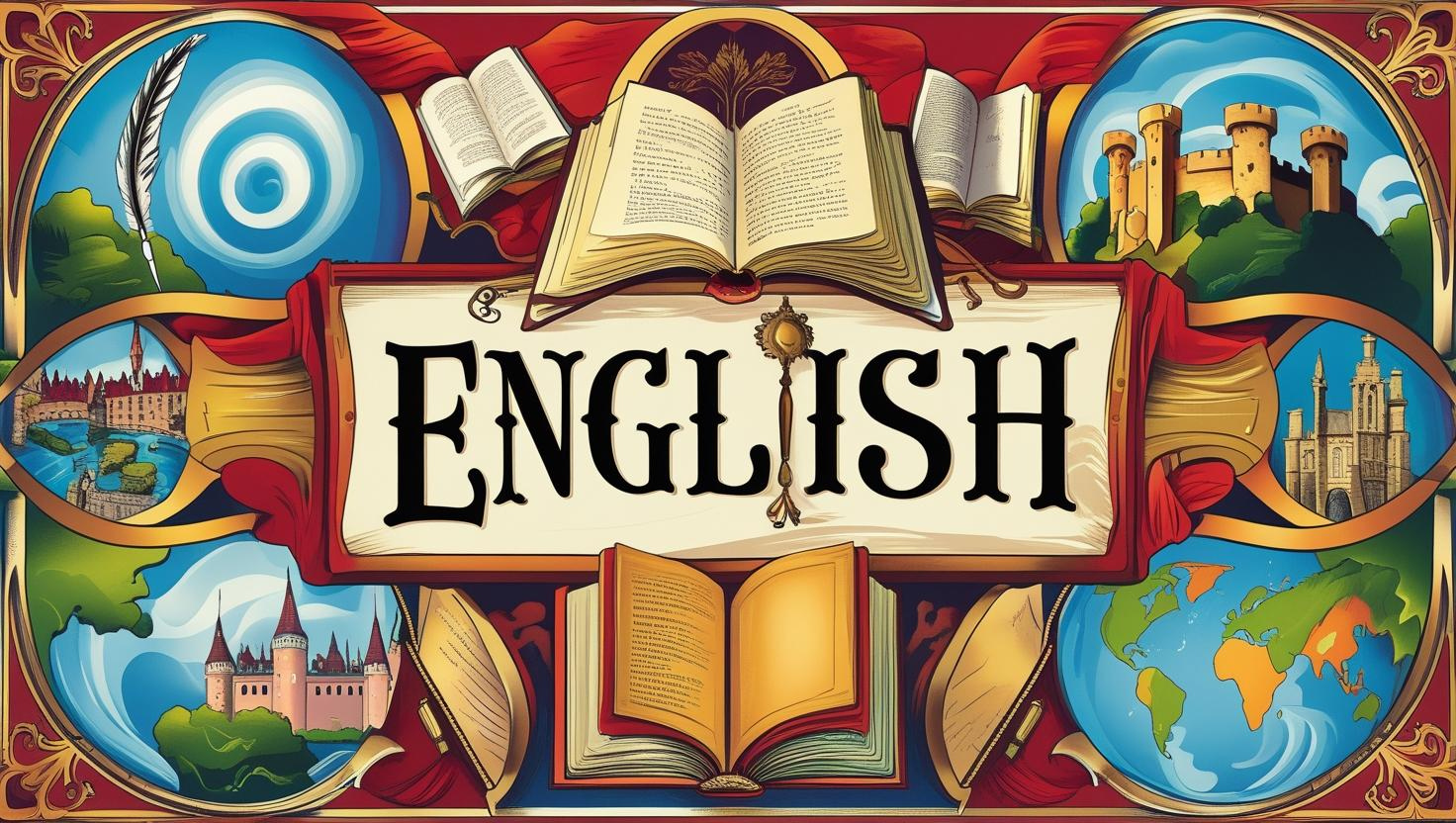 The word English surrounded by books